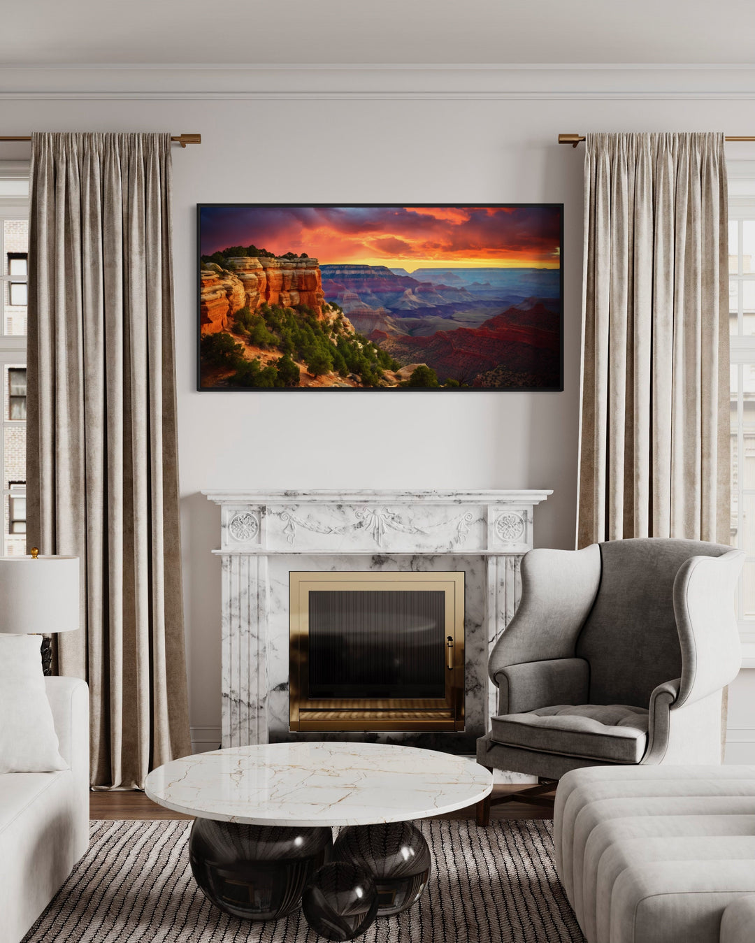 Grand Canyon Sunset Photo Framed Canvas Wall Art above fireplace