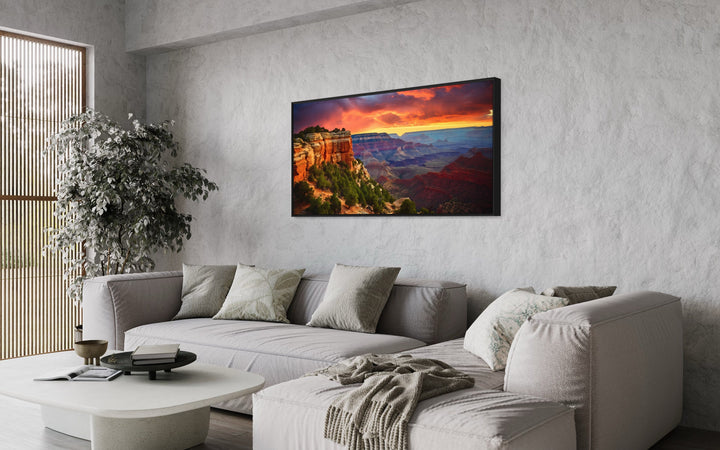 Grand Canyon Sunset Photo Framed Canvas Wall Art above grey couch