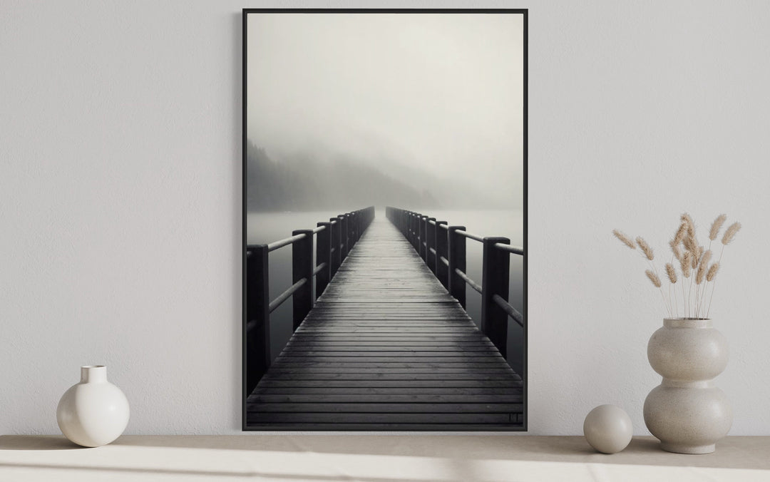 Foggy Black White Lake Landscape With Dock/Pier Framed Canvas Wall Art close up