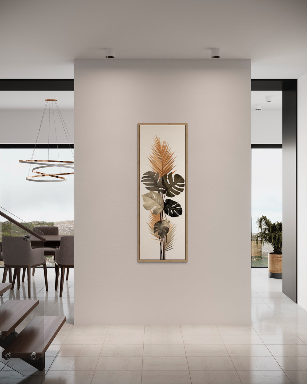 Long Narrow Mid Century Modern Palm Leaves Earth Tones Framed Canvas Wall Art