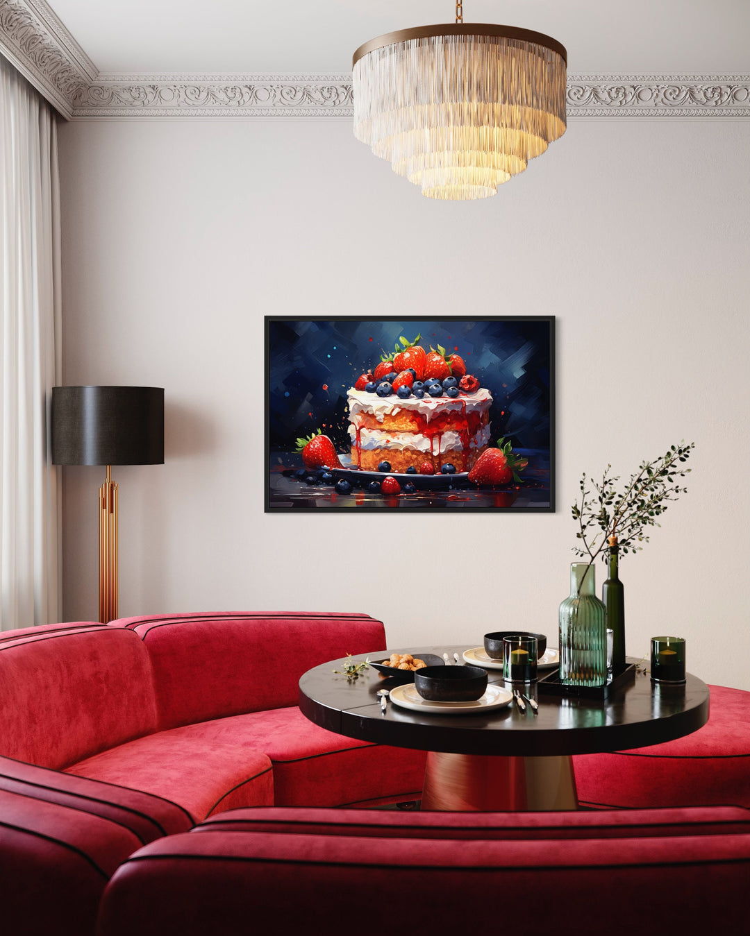 Strawberry Cake Framed Canvas Wall Art in dining room