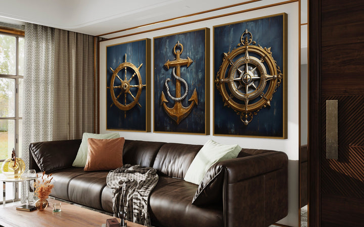 Nautical Wall Art Set of Three Maritime Prints Anchor, Compass, Helm above leather couch