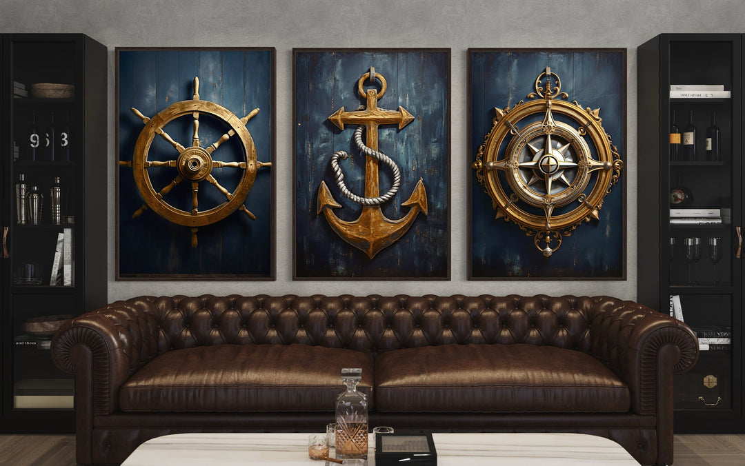 Nautical Wall Art Set of Three Maritime Prints Anchor, Compass, Helm in man cave