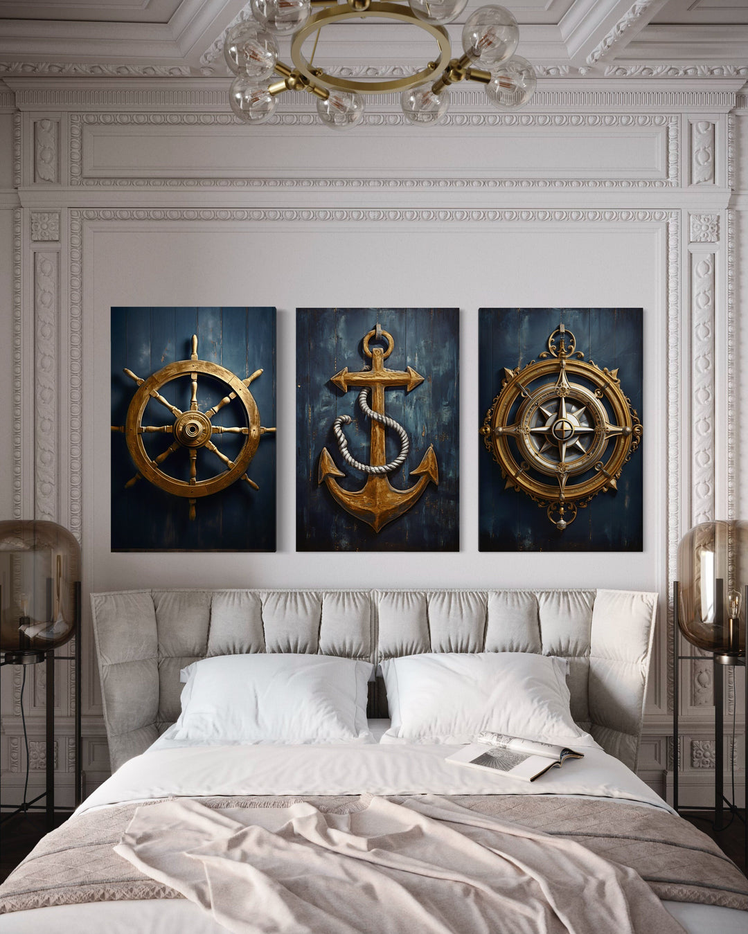 Nautical Wall Art Set of Three Maritime Prints Anchor, Compass, Helm above white bed