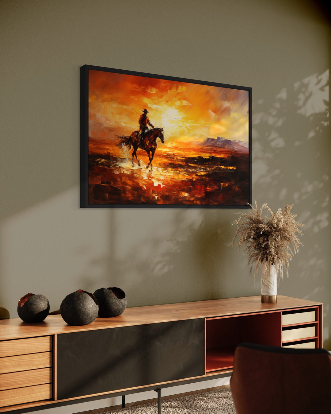 Cowboy Riding A Horse In The Desert At Sunset Wild West Canvas Art in living room