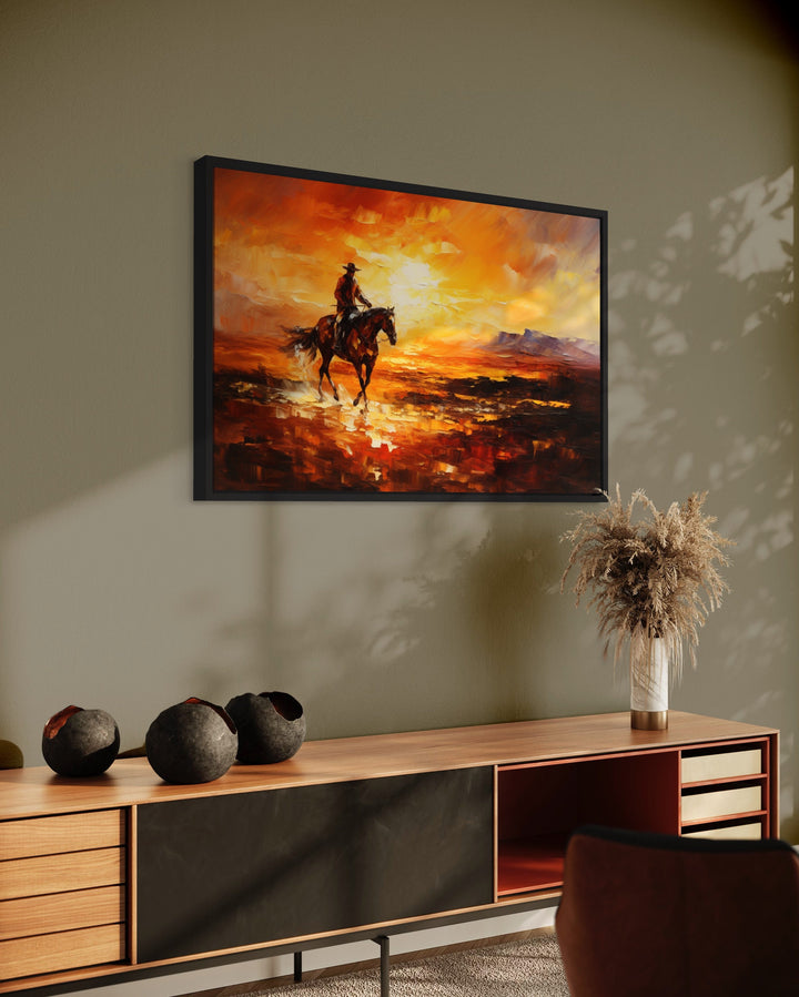 Cowboy Riding A Horse In The Desert Southwestern Wall Art in living room