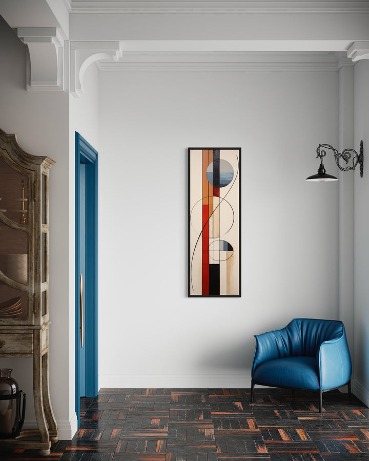 Mid Century Modern Beige Red Blue Geometric Tall Narrow Vertical Wall Art in living room