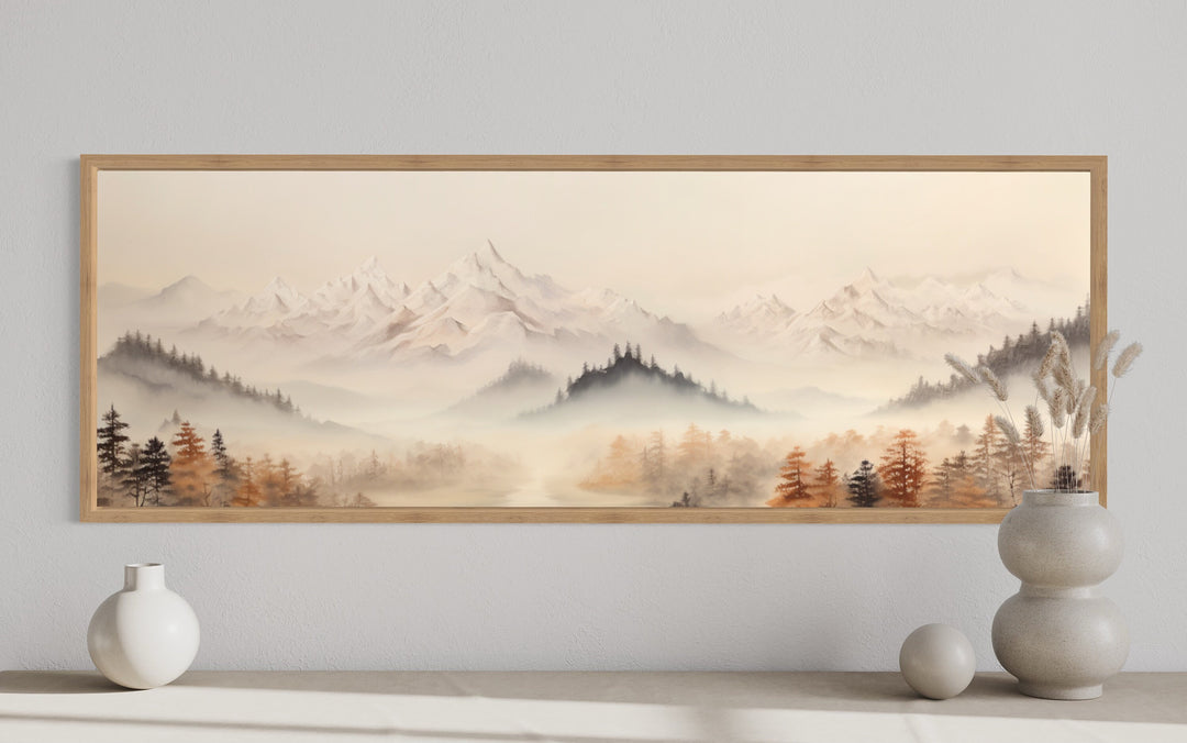 Boho Neutral Mountain Landscape Horizontal Above Bed Wall Art close up