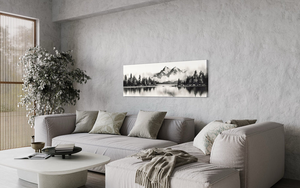 Mountain Lake Landscape Black And White Narrow Canvas Wall Art in living room