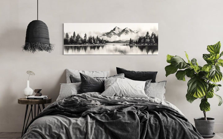 Mountain Lake Landscape Black And White Narrow Canvas Wall Art