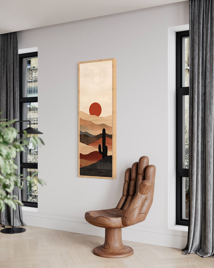 Tall Narrow Boho Minimalist Mid Century Modern Desert Sunset Vertical Wall Art in living room