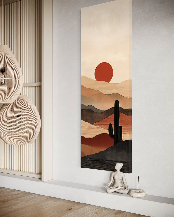 Tall Narrow Boho Minimalist Mid Century Modern Desert Sunset Vertical Wall Art side view