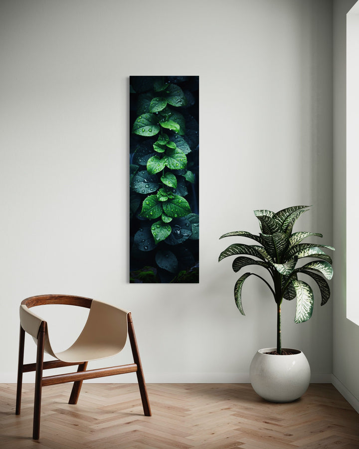 Tall Narrow Vertical Green Leaves Framed Canvas Wall Art in the hall