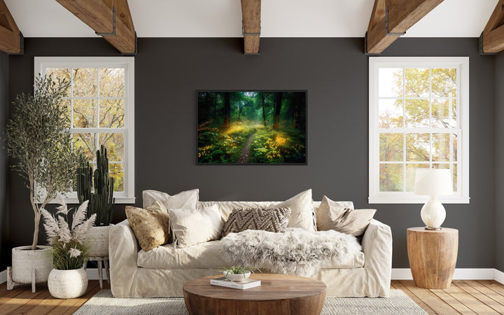 Magical Forest Illuminated by Fireflies Framed Canvas Wall Art in living room