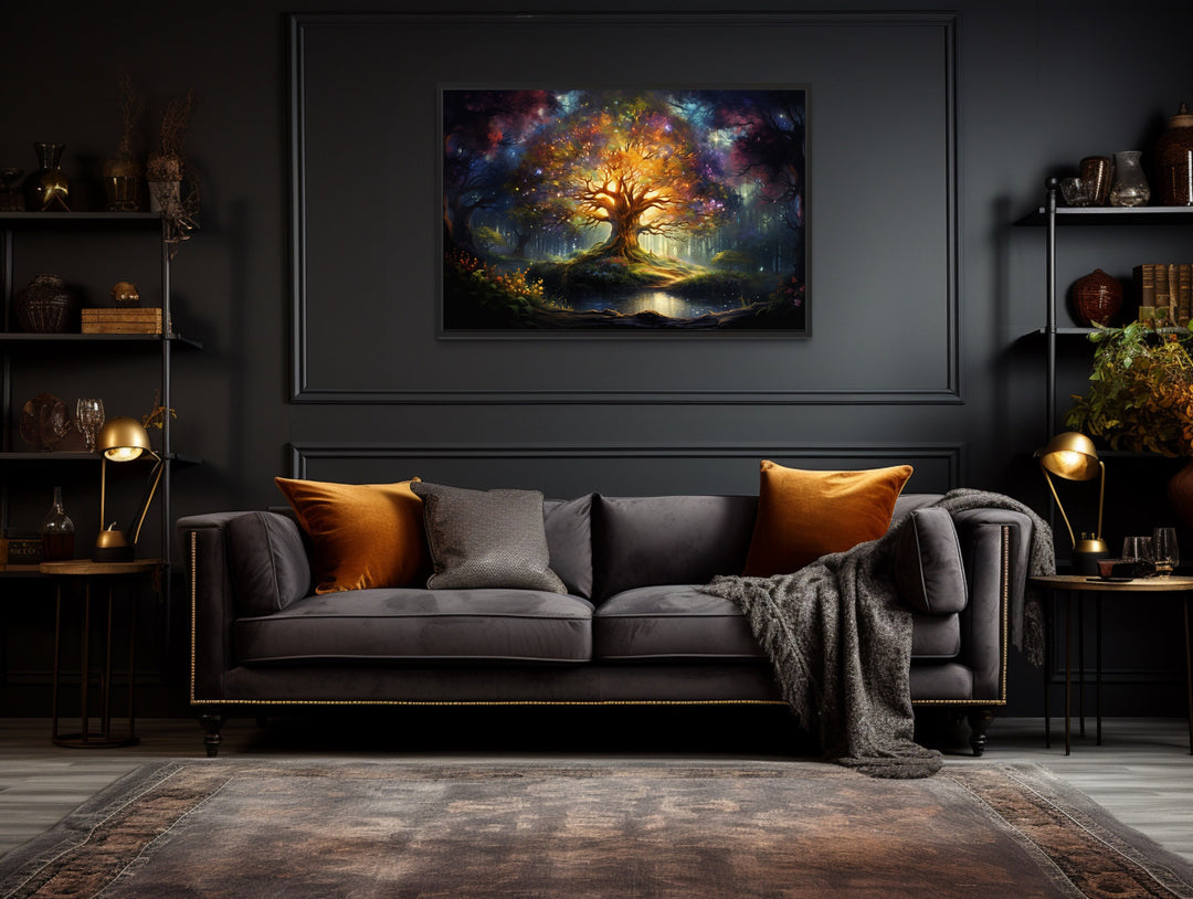 Tree of Knowledge Wall Art above brown couch