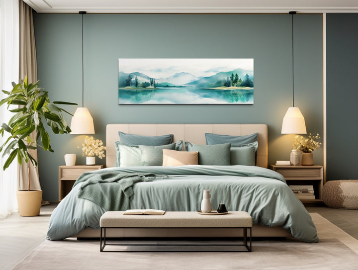 Teal Watercolor Mountains Lake Landscape Long Narrow Over Bed Wall Art