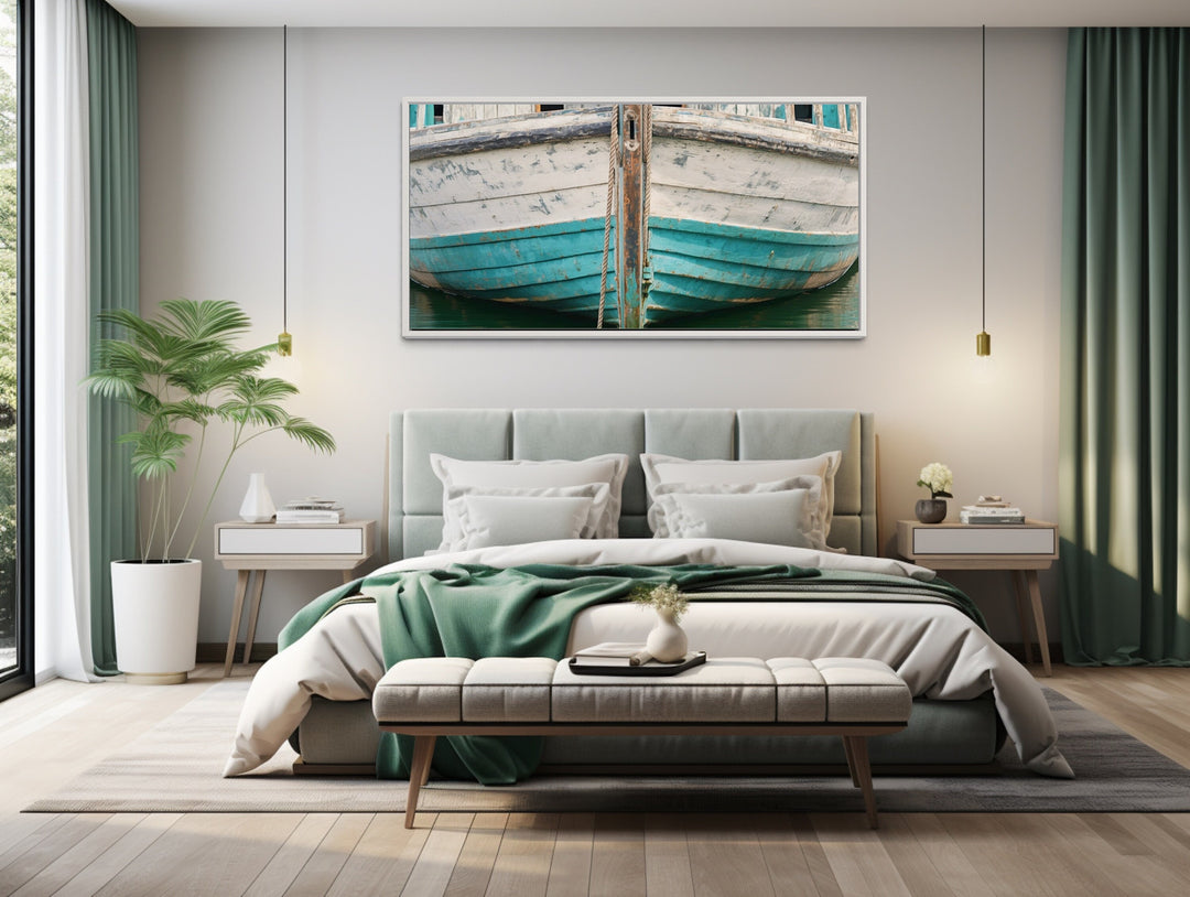 Rustic Old Teal Boat Close Up Framed Canvas Wall Art above bed