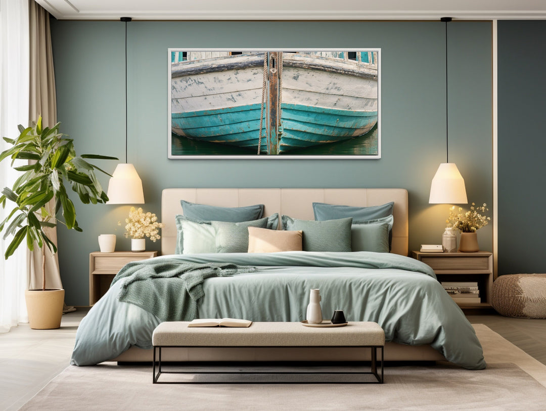 Rustic Old Teal Boat Close Up Framed Canvas Wall Art above bed