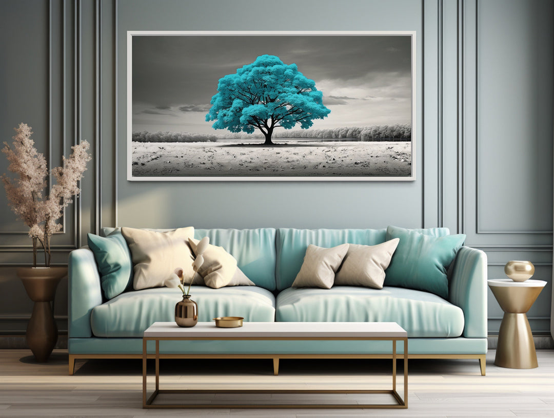 Teal Tree on Black White Background Framed Canvas Wall Art