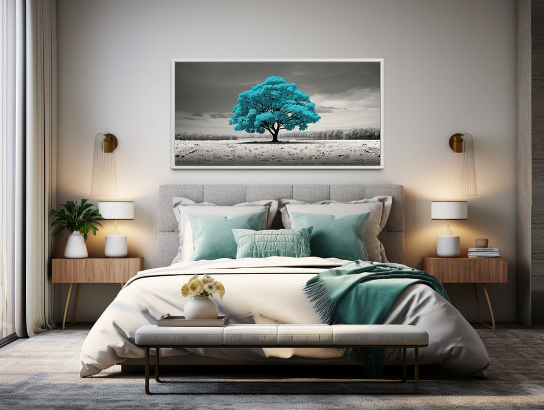 Teal Tree on Black White Background Framed Canvas Wall Art in bedroom