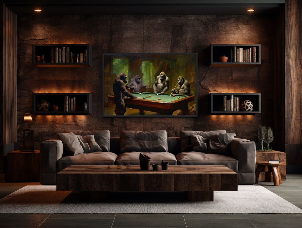 Gorillas Playing Billiards Framed Pool Room Canvas Wall Art in man cave