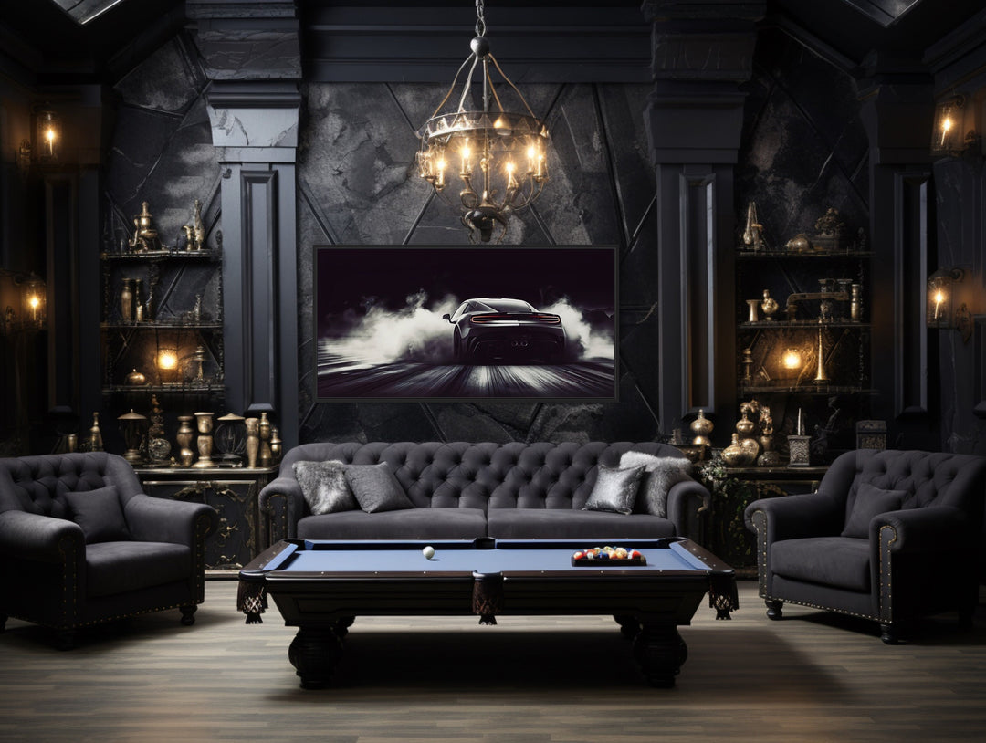 Black White Drifting Sports Car Framed Canvas Wall Art in billiards room