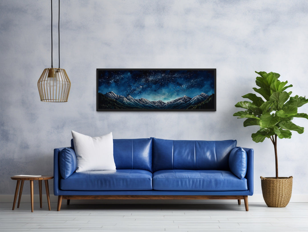 Navy Blue Starry Night Sky Over Mountains Horizontal Framed Canvas Wall Art above couch