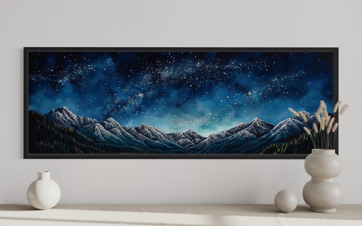 Navy Blue Starry Night Sky Over Mountains Horizontal Framed Canvas Wall Art close up