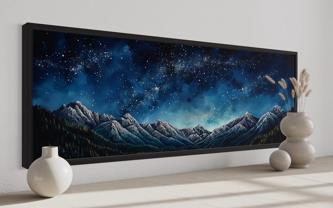 Navy Blue Starry Night Sky Over Mountains Horizontal Framed Canvas Wall Art side view