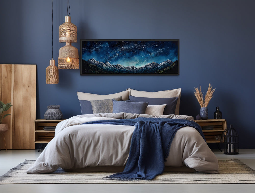 Navy Blue Starry Night Sky Over Mountains Horizontal Framed Canvas Wall Art above bed