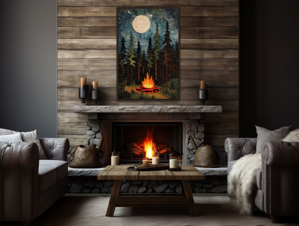 Campfire At Night, Cozy Cabin Over Mantel Framed Canvas Wall Art above mantel