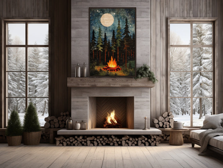 Campfire At Night, Cozy Cabin Over Mantel Framed Canvas Wall Art