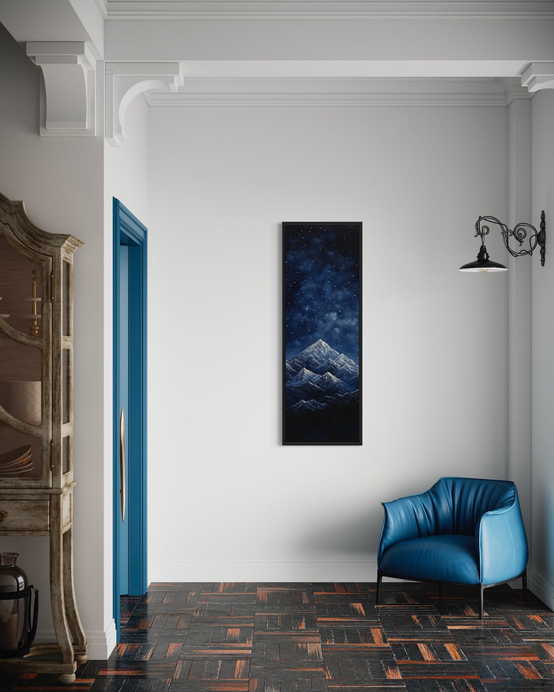 Tall Narrow Navy Blue Starry Night Over Mountains Vertical Framed Canvas Wall Art in hallway