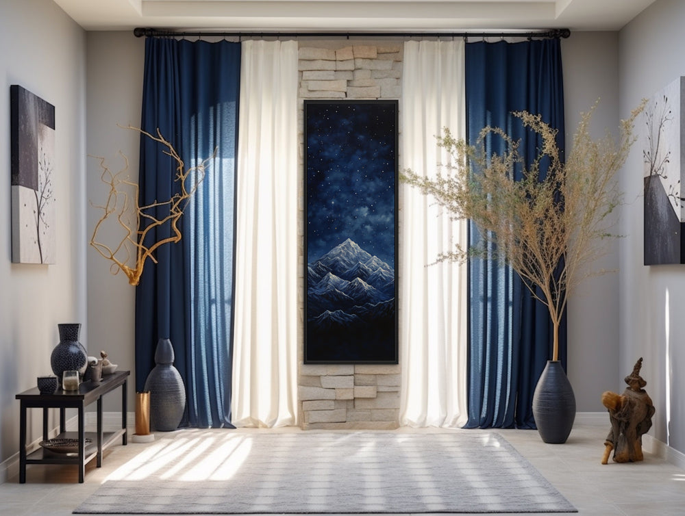 Tall Narrow Navy Blue Starry Night Over Mountains Vertical Framed Canvas Wall Art in blue room