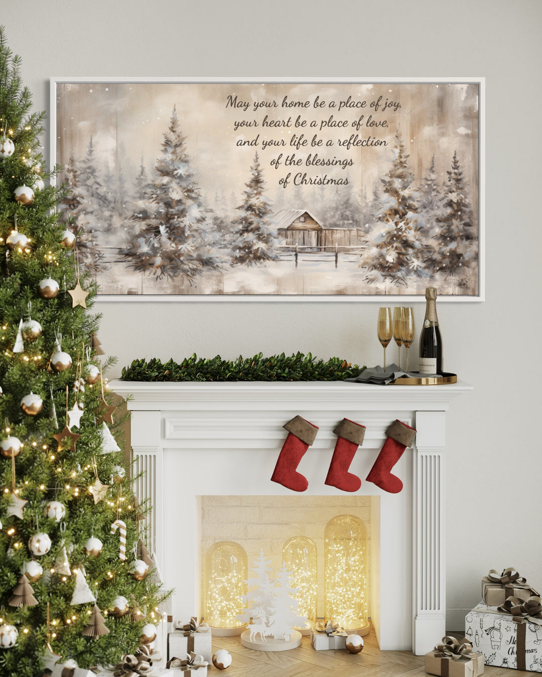 Farmhouse Christmas Eve Sign, Rustic Vintage Christmas Blessing Wall Art above mantel