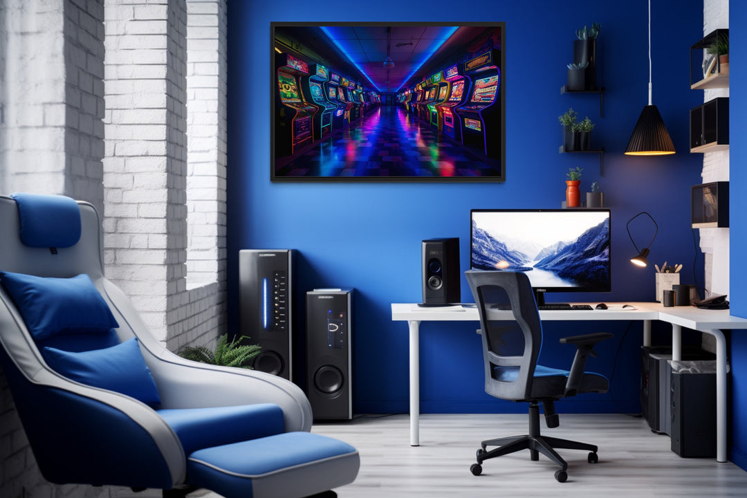 Neon Arcade Retro Game Room Framed Canvas Wall Art in game room