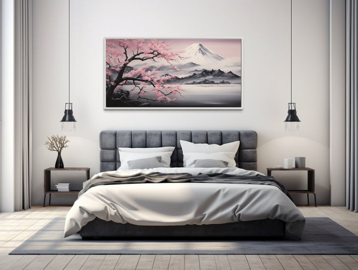 Mount Fuji And Pink Cherry Blossom Landscape Framed Canvas Wall Art above bed