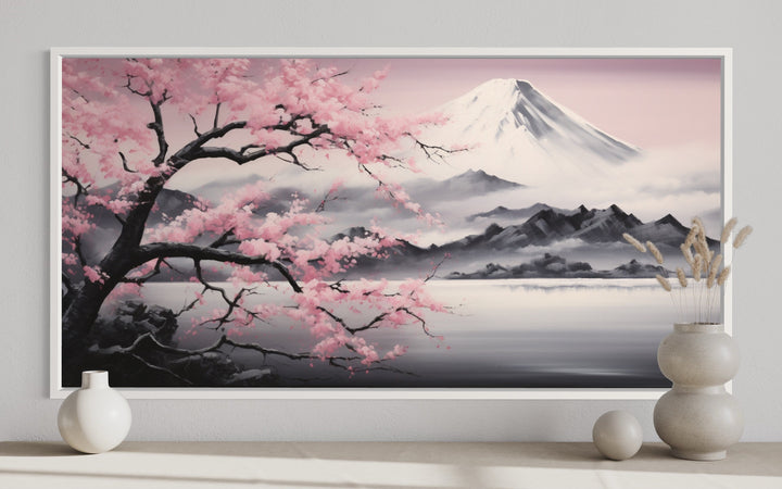 Mount Fuji And Pink Cherry Blossom Landscape Framed Canvas Wall Art close up