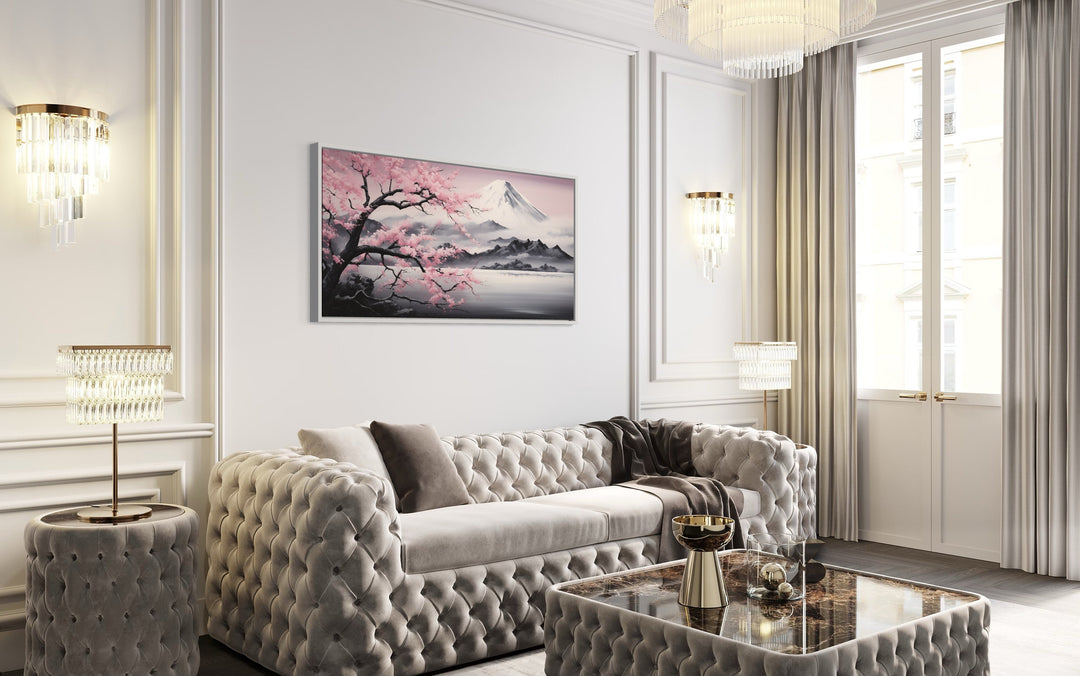 Mount Fuji And Pink Cherry Blossom Landscape Framed Canvas Wall Art above white couch