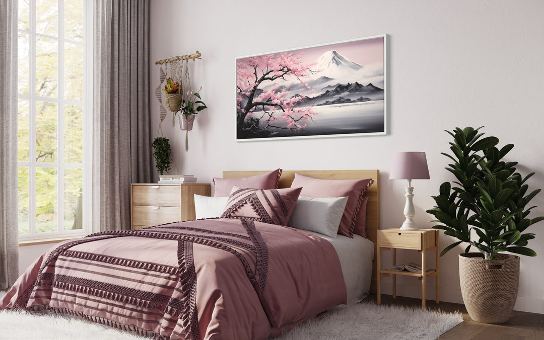 Mount Fuji And Pink Cherry Blossom Landscape Framed Canvas Wall Art above pink bed