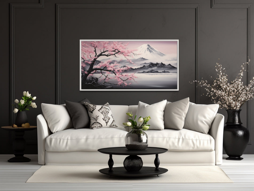 Mount Fuji And Pink Cherry Blossom Landscape Framed Canvas Wall Art