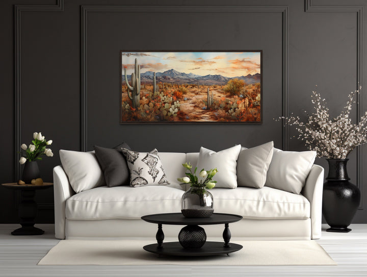 Desert Landscape With Cacti Southwestern Wall Art above white couch