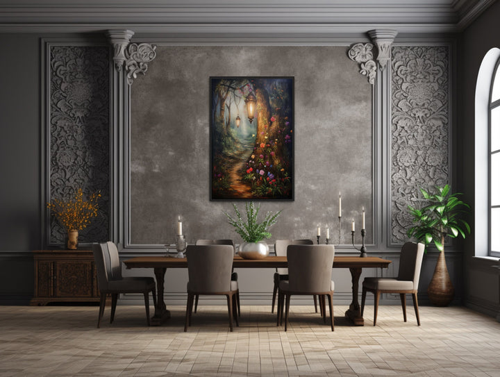 Enchanted Mystical Forest And Lighted Path Framed Canvas Wall Art in dining room