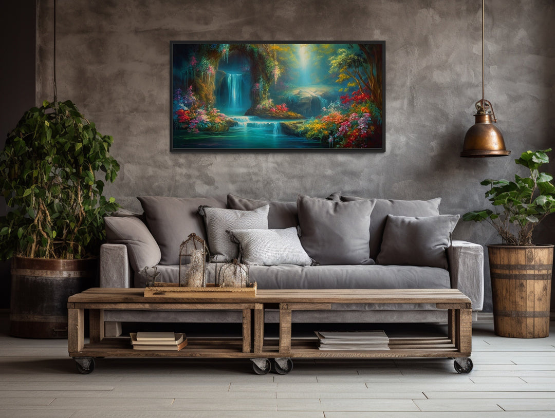 Waterfall In Magical Enchanted Tropical Forest Framed Canvas Wall Art above grey couch