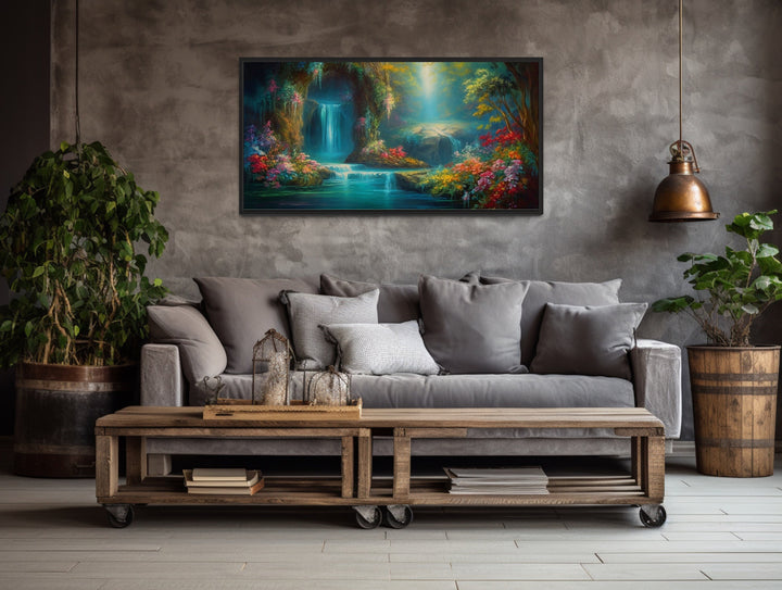 Waterfall In Magical Enchanted Tropical Forest Framed Canvas Wall Art above grey couch