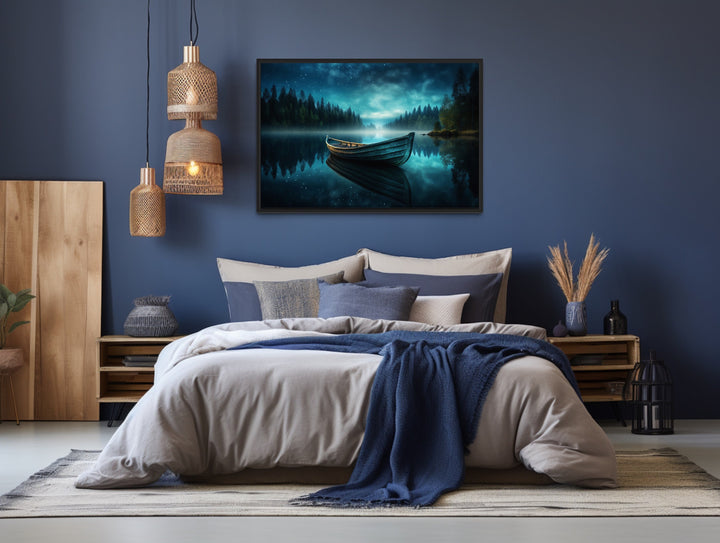 Boat in The Lake Under Starry Night Framed Canvas Wall Art above bed