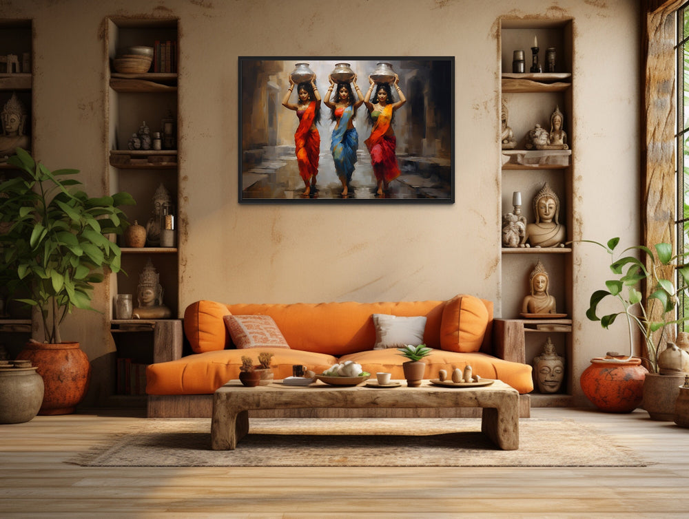 Indian Women Head Carrying Painting Indian Wall Art "Harmony in Motion" above orange couch