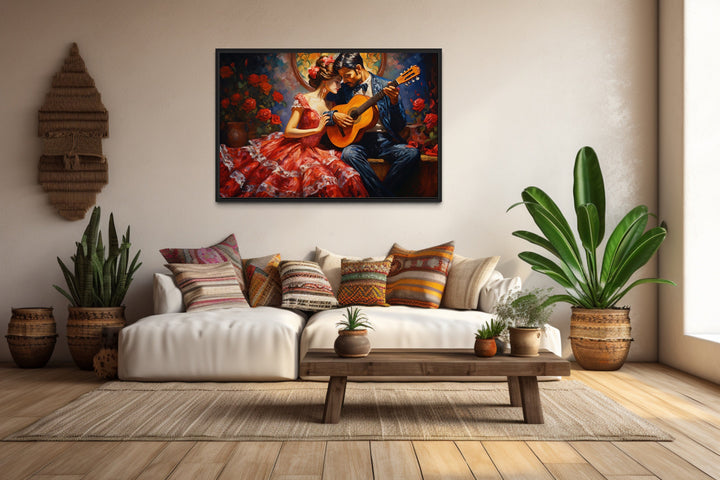 Romantic Couple With Guitar Traditional Mexican Framed Canvas Wall Art above mexican couch