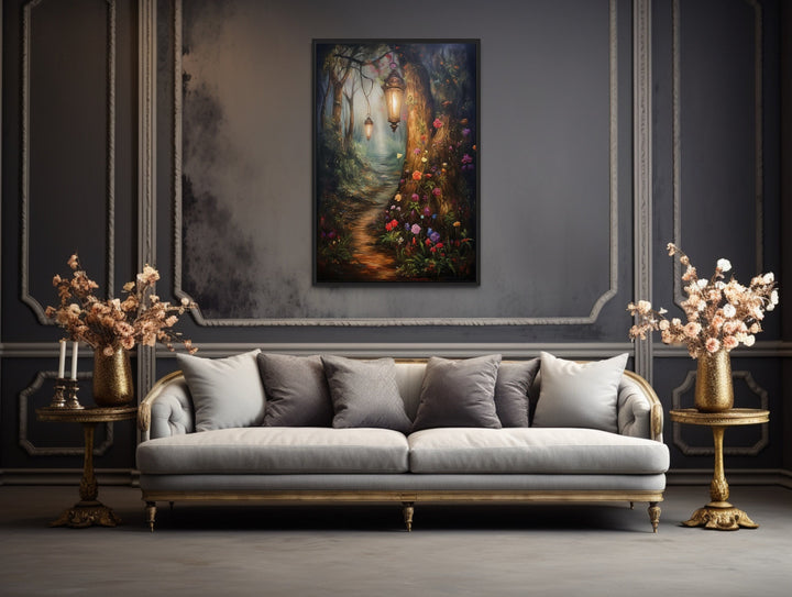 Enchanted Mystical Forest And Lighted Path Framed Canvas Wall Art