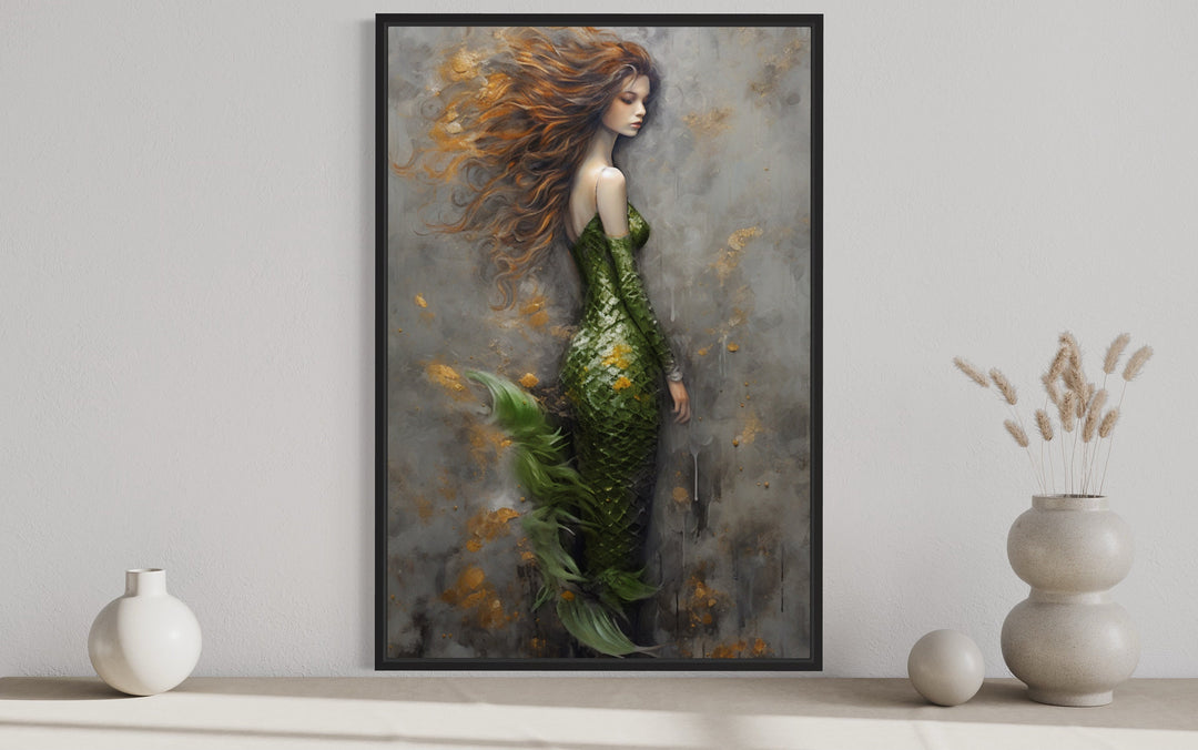 Beautiful Green Mermaid Framed Canvas Wall Art close up